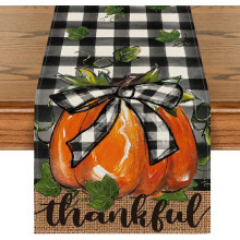 Chemin de table automnal à motif citrouille et feuilles d'érable, tartan orange et buffalo – 33 x 183 cm