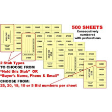 500 Yellow Chinese Tickets: "Hold This Stub" or "Buyer's Name, Email & Phone" – Choose 5–25 Bid Numbers/Sheet (15 Default), Compatible with Event