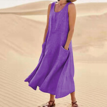 Zomerjurken voor dames: linnen maxi-jurk, casual mouwloze lange zomerjurk in effen kleur, vakantiejurk met zakken.