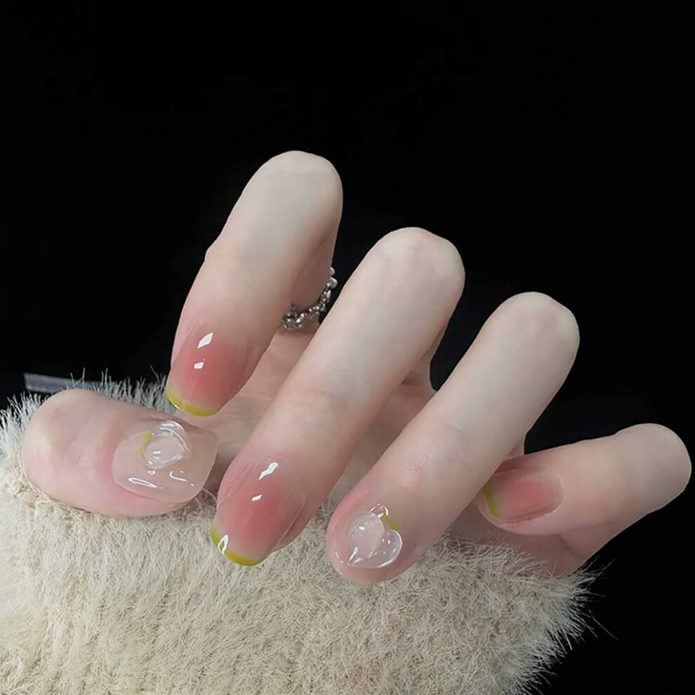 Pink Press On Nails Medium Fake Nails Coffin Nails For Women With Butterflies Design Glossy Nails