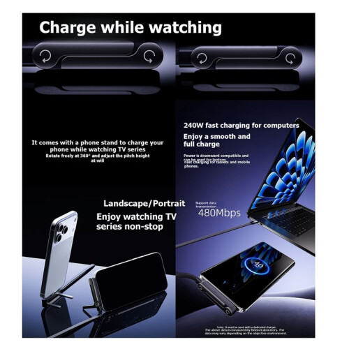 240W Fast Charging Foldable Phone Holder Data Cable Fast Charging Cable with Adjustable Phone Stand for Desk Travel 1