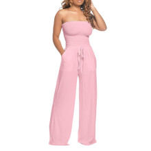 Enkel jumpsuit för kvinnor Enfärgad axelbandslös body med lös passform, vida ben, dragsko och fickor, design med slitstarkt, hudvänligt tyg