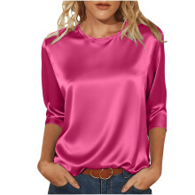 Satin-Pullover für Damen – 3/4-Ärmel, Rundhalsausschnitt, einfarbig, bequeme Freizeitkleidung, schmeichelhafte Passform