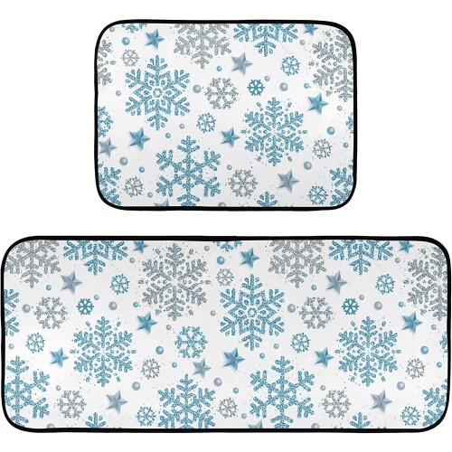 Silver Blue Glitter Snowflake Kitchen Rug Set of 2