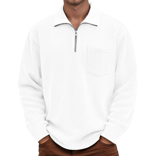 Shirts for Men Corduroy Long Sleeve Solid Collared Tops Zipper Pullover Textured Sweatshirt