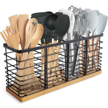 Porte-ustensiles de cuisine extra large à 4 compartiments – Base en métal noir mat et bois, style rustique, idéal pour le rangement sur le plan