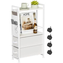 Slim Narrow Side Table with Drawers, Wheels & Storage Bag – Compatible with Small Spaces, Bedroom, Living Room (White)