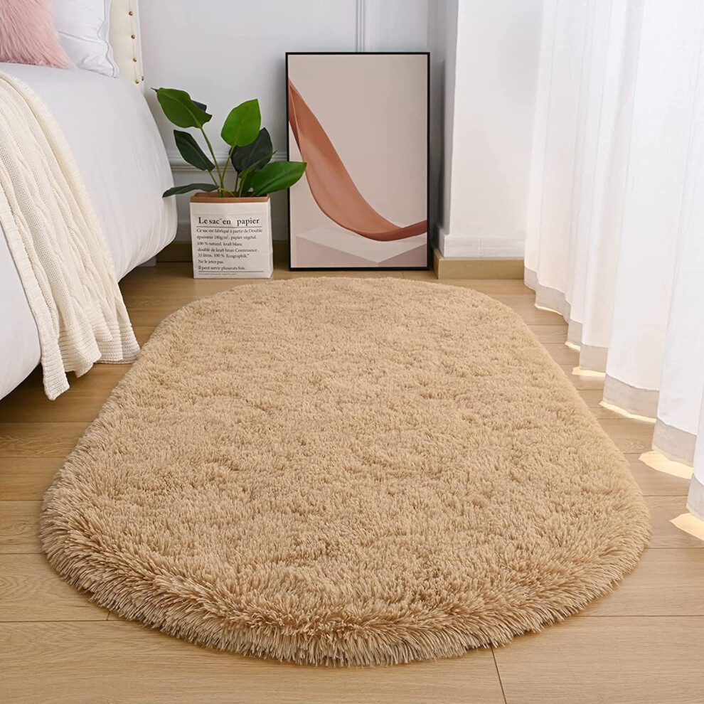 Oval Fluffy Area Rugs for Bedroom Plush Shaggy Carpet for Kids Room Bedside Nursery Mats, 2.6' x 5.3',Tan