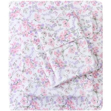Ensemble de draps Queen en microfibre vintage confortable – Doux, respirant, poches profondes, antidérapant, motif floral rose et violet