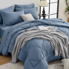 Juego de edredón matrimonial de 7 piezas Dusty Blue – Juego de cama completo para todas las estaciones, ultrasuave, incluye edredón, sábanas y