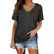 Blusa gris de algodón de manga corta para mujer, talla grande, cuello en V, camiseta de verano suave y holgada, ideal para usar todo el día.