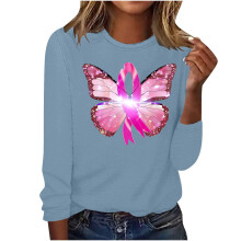 Blusas azules de manga larga para mujer 2024, cuello redondo, manga larga, estampado gráfico de cáncer de mama, blusa para mujer, talla S