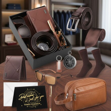 Coffret cadeau d'anniversaire pour homme (12 pièces) avec boîte, comprenant : panier, portefeuille en cuir PU, trousse de toilette en cuir,
