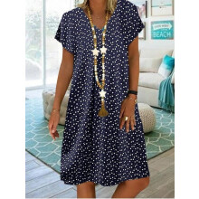Vestido de mujer elegante de verano, informal, con estampado de lunares en forma de corazón y manga corta con escote en V.