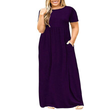 UTTOASFAY Dame Plus Size Kjole Plus Size Kvinder Casual O-hals Sommer Kortærmet Ensfarvet Løs Lommer Lang Kjole Lilla20(XXXL)
