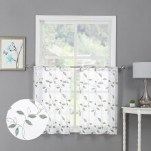 Perdele transparente din in artificial alb cu frunze brodate,