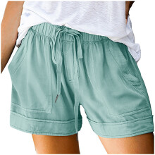 Pantaloncini da donna in cotone a vita alta con coulisse, verde menta, casual, da spiaggia e per il tempo libero, con tasche, compatibili con la