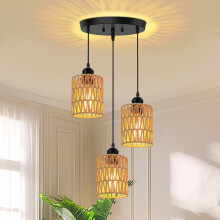 Rattan Farmhouse Pendant Light – Boho Hand-Woven Shade, Compatible with Kitchen Island, Dining Room, Foyer