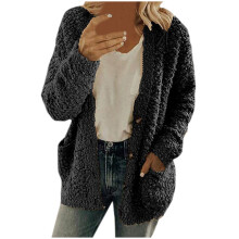 Cardigan truien voor dames, casual, plus size, pluche trui met zakken, bovenkleding, knoopsluiting, jas, zwart L