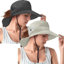 Bucket hats voor dames met paardenstaartsluiting, UV-bescherming, opvouwbaar, brede rand van mesh, ideaal voor wandelen, strand, vissen, zomer en