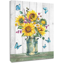 Quadro su tela con girasole giallo e farfalla blu, con cornice in legno, 30x40 cm, decorazione floreale rustica per bagno, camera da letto e
