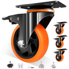 Roți pivotante rezistente de 5" cu frână, capacitate de 1067 kg, roți silențioase din poliuretan, set de 4 (include accesorii)