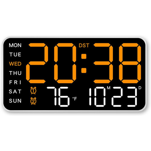 LED Wall Clock with Date Week Temperature Humidity Orange