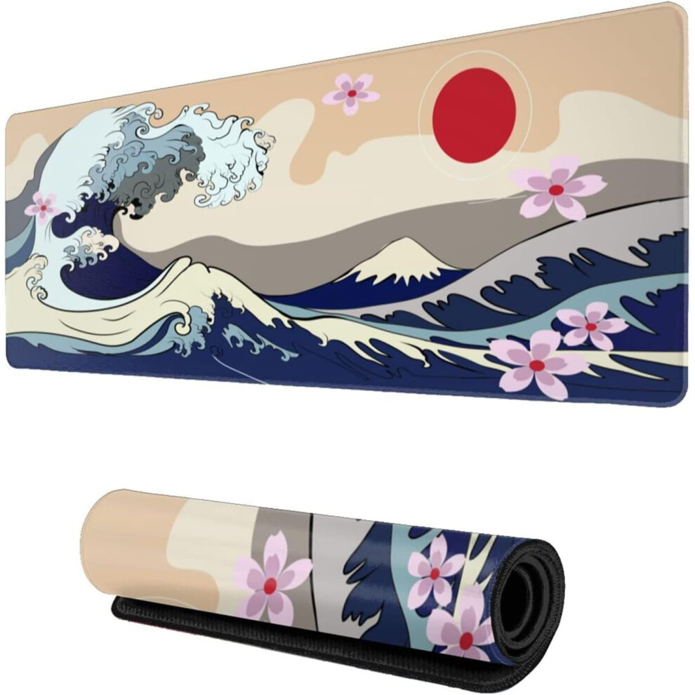 Japanese Great Wave Sun Xl Gaming Mouse Pad 31.5X11.8", Waterproof, Stitched Edge, Non-Slip Â Compatible With All Mice Red 9448990414925