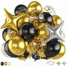 Baloane confetti metalice negre și aurii de 12" + baloane folie 4 stele pentru ziua de naștere, nuntă, absolvire, decor petrecere de Revelion 2026