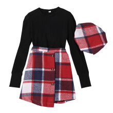 Ediodpoh Outfit pre dievčatá, detské dievčenské zimné oblečenie s dlhým rukávom, červenými kockovanými rebrovanými topmi, sukňou a