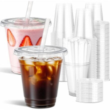 100 vasos de plástico transparente de 355 ml con tapa y pajita – Vasos desechables para café helado, batidos y bebidas frías – Compatibles con