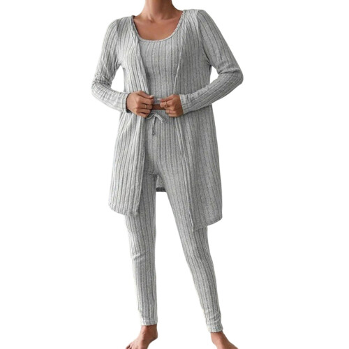 Damen-Rippstrick-Pyjama-Set, grau, 3-teilig