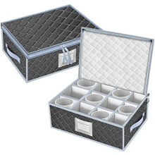 Caja apilable para tazas y vasos (paquete de 2) con separadores, capacidad para 24 vasos, cremalleras metálicas, etiquetas y asas – Gris
