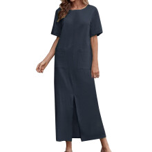 Damklänningar Mode Fickor Casual Lös Rund Hals Kortärmad Långklänning Casualklänningar S-5XL