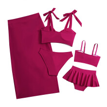 Mutter-Tochter-Bademode – 3-teiliges Bikini-Set mit Sarong-Überwurf, Eltern-Kind-Bademode, Strandmode für Mutter und Tochter, Rot