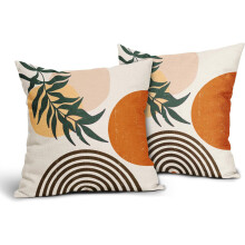 Boho putetrekk 45x45 cm, brent oransje og beige, bomull-lin, grønt bladdesign, utendørs/innendørs bruk, firkantede putetrekk (pakke med 2)