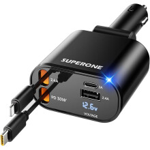 Chargeur de voiture rétractable 4 en 1 avec câbles USB-C et iOS