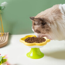 Cuenco de cerámica con forma de flor para gatos, plato elevado para comida y agua para mascotas, cuenco alto para proteger la columna cervical para