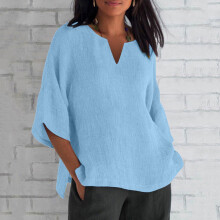 Plus-Size-Tops Damenmode Sommer Baumwolle und Leinen V-Ausschnitt Freizeit Dreiviertelärmel Uni Tunika