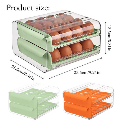 2-Layer Egg Storage for Fridge, 32-Grid PET/PP Egg Holder with Handles, Compatible with Standard Refrigerators 2