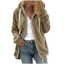 Damen-Wintermantel aus flauschigem Fleece in Übergröße, Kapuzenjacke mit Reißverschluss und Kunstpelzbesatz, leichtes Langarm-Sweatshirt – Khaki