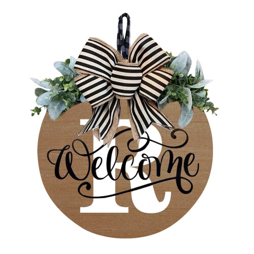 Coroa de flores personalizada com sobrenome, placa de boas-vindas e eucalipto.