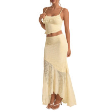 Conjunto de 2 piezas para mujer: top corto con volantes y falda larga de talle bajo, color amarillo claro, talla L.