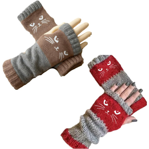 Women's Cat Embroidery Knitted Fingerless Gloves