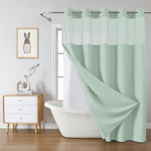 Mintgrüner, langer Waffel-Duschvorhang ohne Haken mit einknöpfbarer Innenfolie, 230 g/m² wasserdicht, Netzfenster oben, 180 x 203 cm