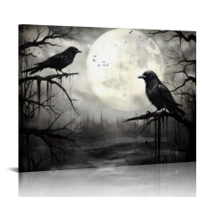 Crow Canvas Wall Art Gothic Black Bird on Branch Painting Pictures Spooky Forest Full Moon Artwork Framed