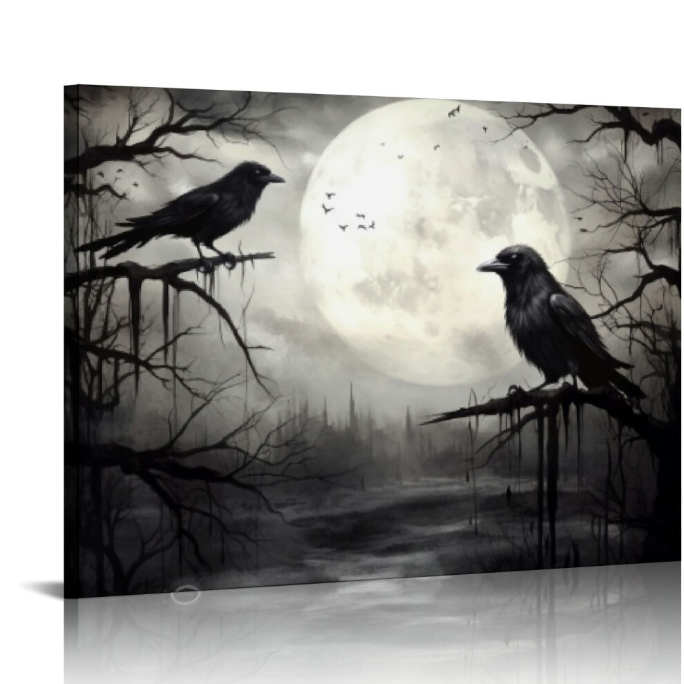Crow Canvas Wall Art Gothic Bird On Branch Painting Pictures Spooky Forest Full Moon Artwork Framed Black
