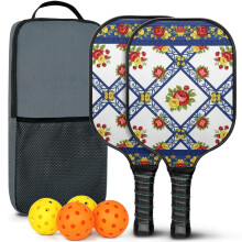 Pickleball Paddles Set with Floral Fiberglass Paddles, 2 Balls & Bag – Compatible with Indoor/Outdoor Play