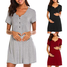 Maternity Nursing Dress for Women Button Nightgowns Short Sleeve Crew Neck Breathable Loungewear for Summer Sleep Grey XL