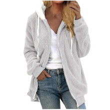 Damen-Wintermantel aus flauschigem Fleece in Übergröße, Kapuzenpullover mit Reißverschluss, leichtes Kunstpelz-Oberteil – Grau, Größe M